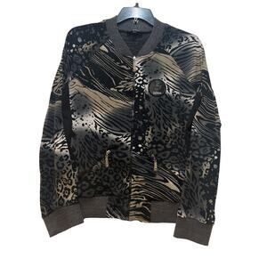 Byblos Bomber Jacket Womens L Black Gray Leopard Animal Print Satin Zip Logo Y2K